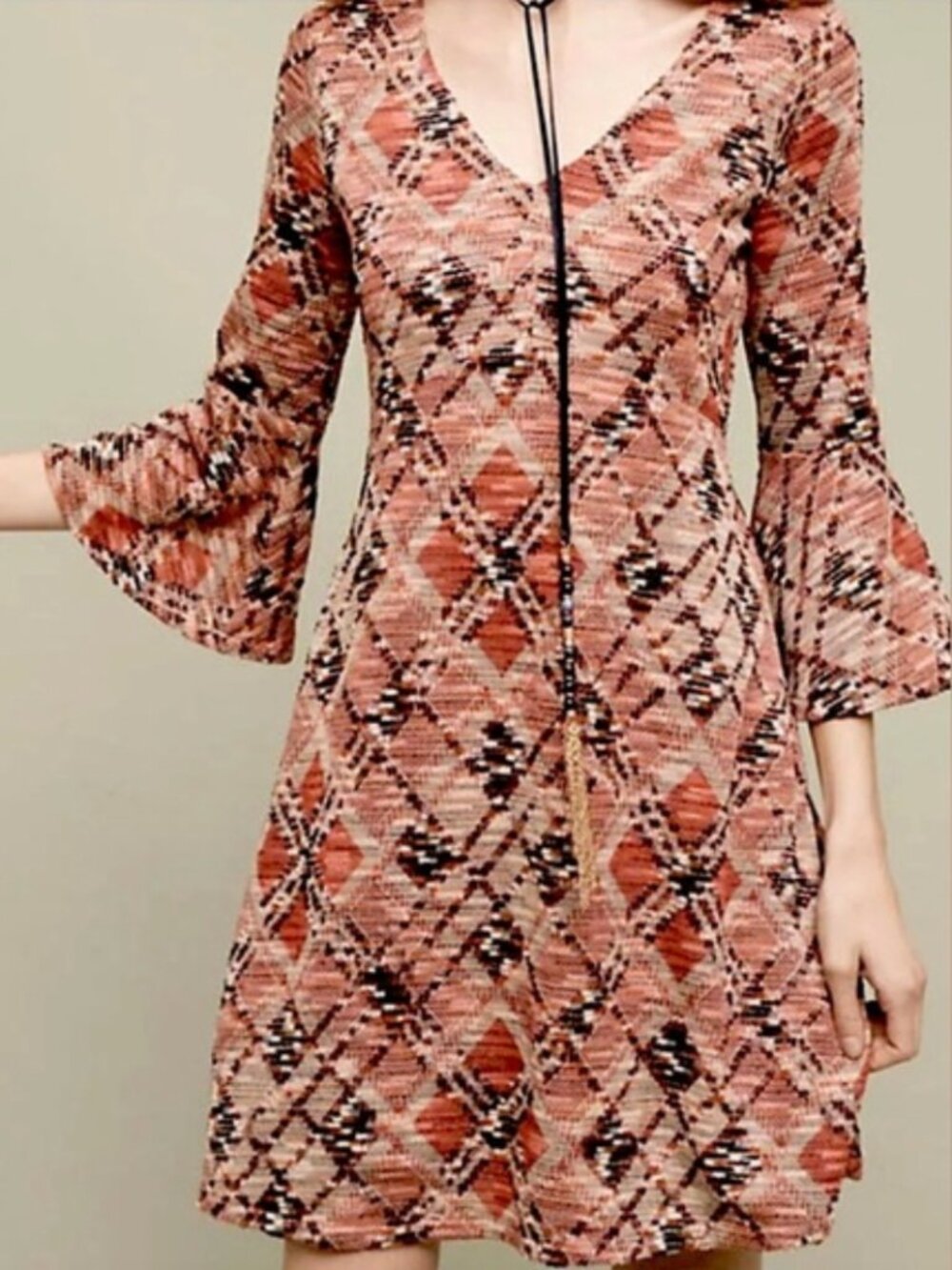 Anthropologie Maeve‎ Erina Knit Bell Sleeve V Neck Dress Boho Geometric Size S